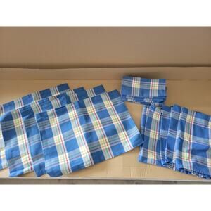 XOCHI 100% Cotton Made India Royal Blue Plaid Placemats Kitchen Towels Cloths